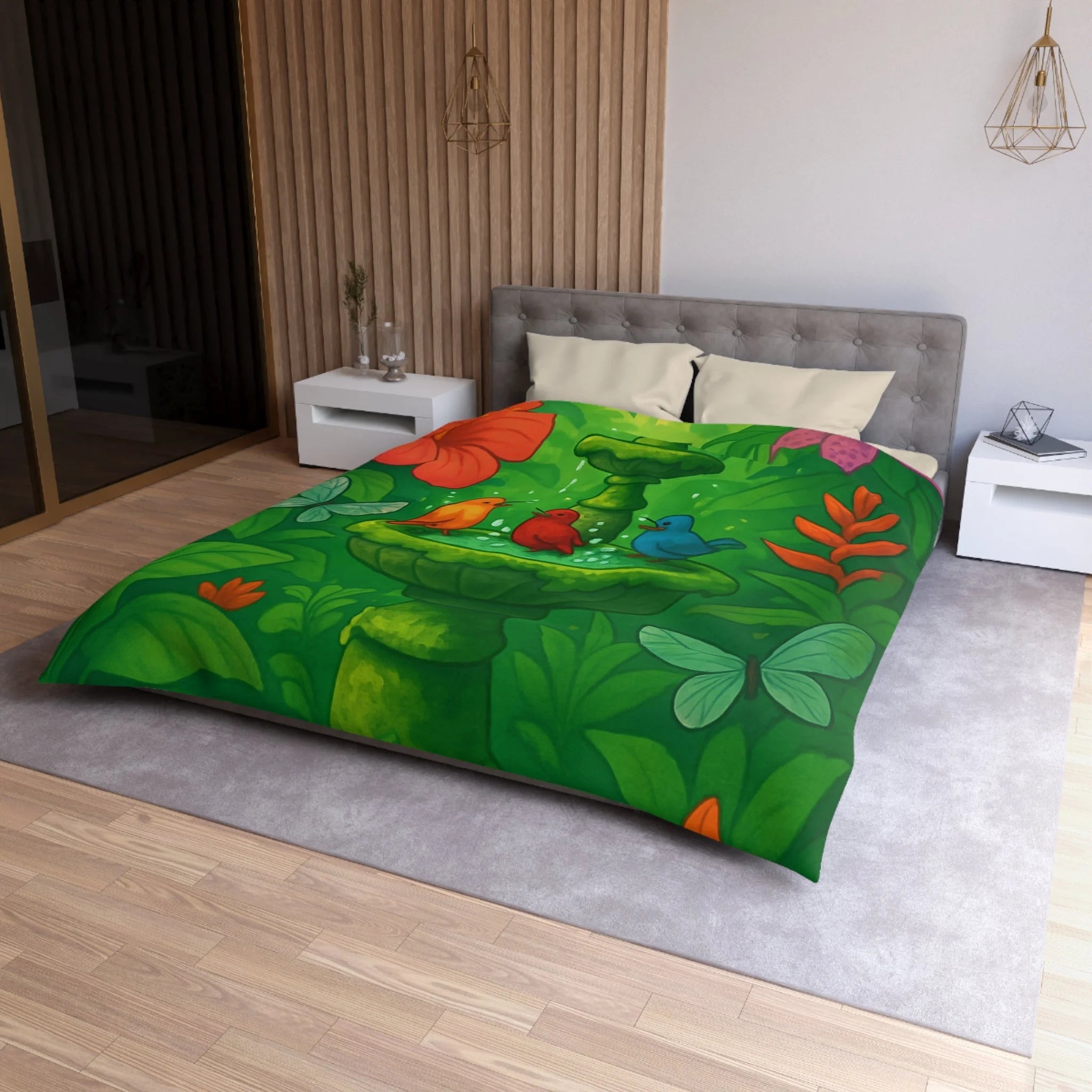 Housse de couette tropicale vibrante : oiseaux et fleurs exotiques dans un jardin luxuriant