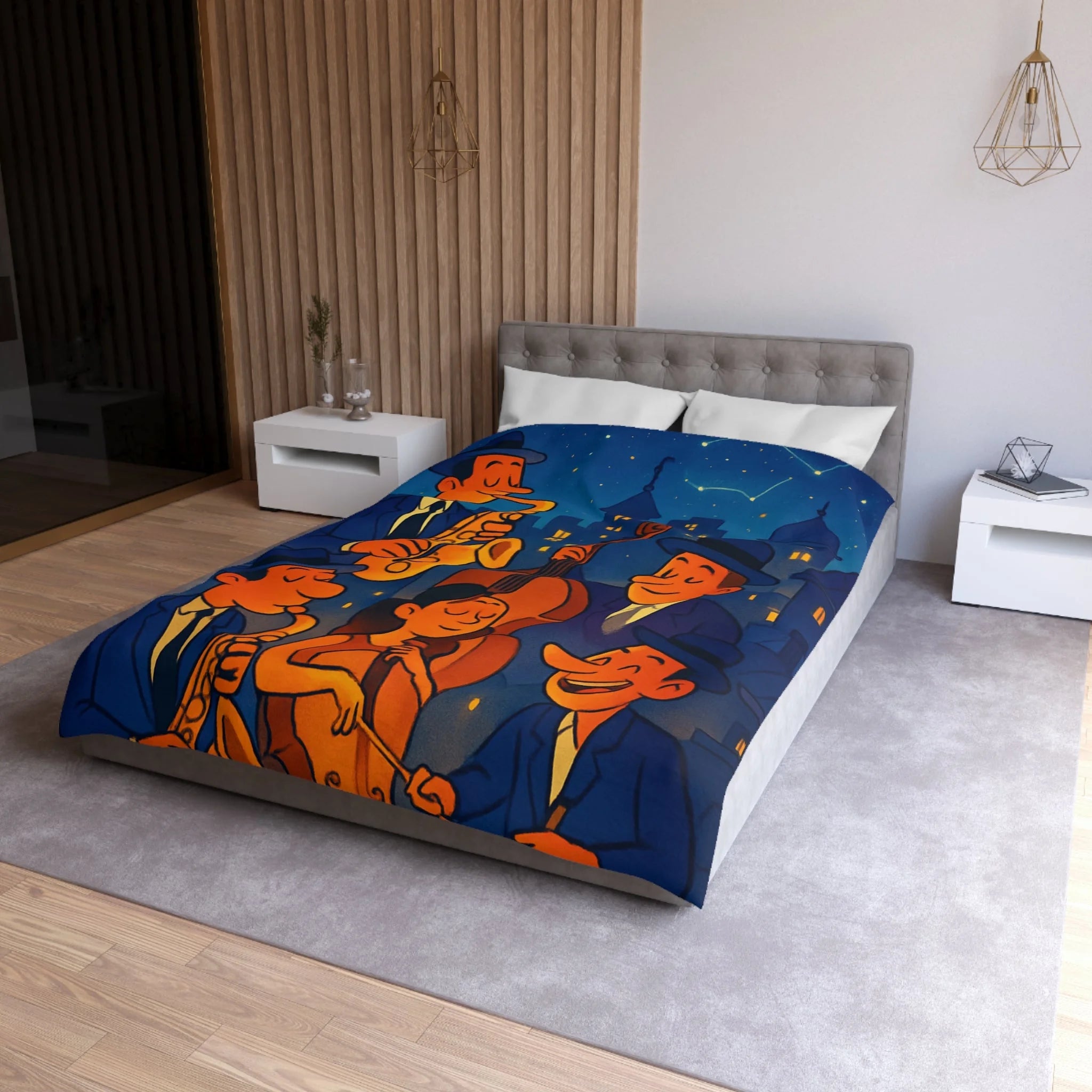 Housse de Couette pour Passionnés de Jazz avec Musiciens et Ciel Étoilé Vibrant