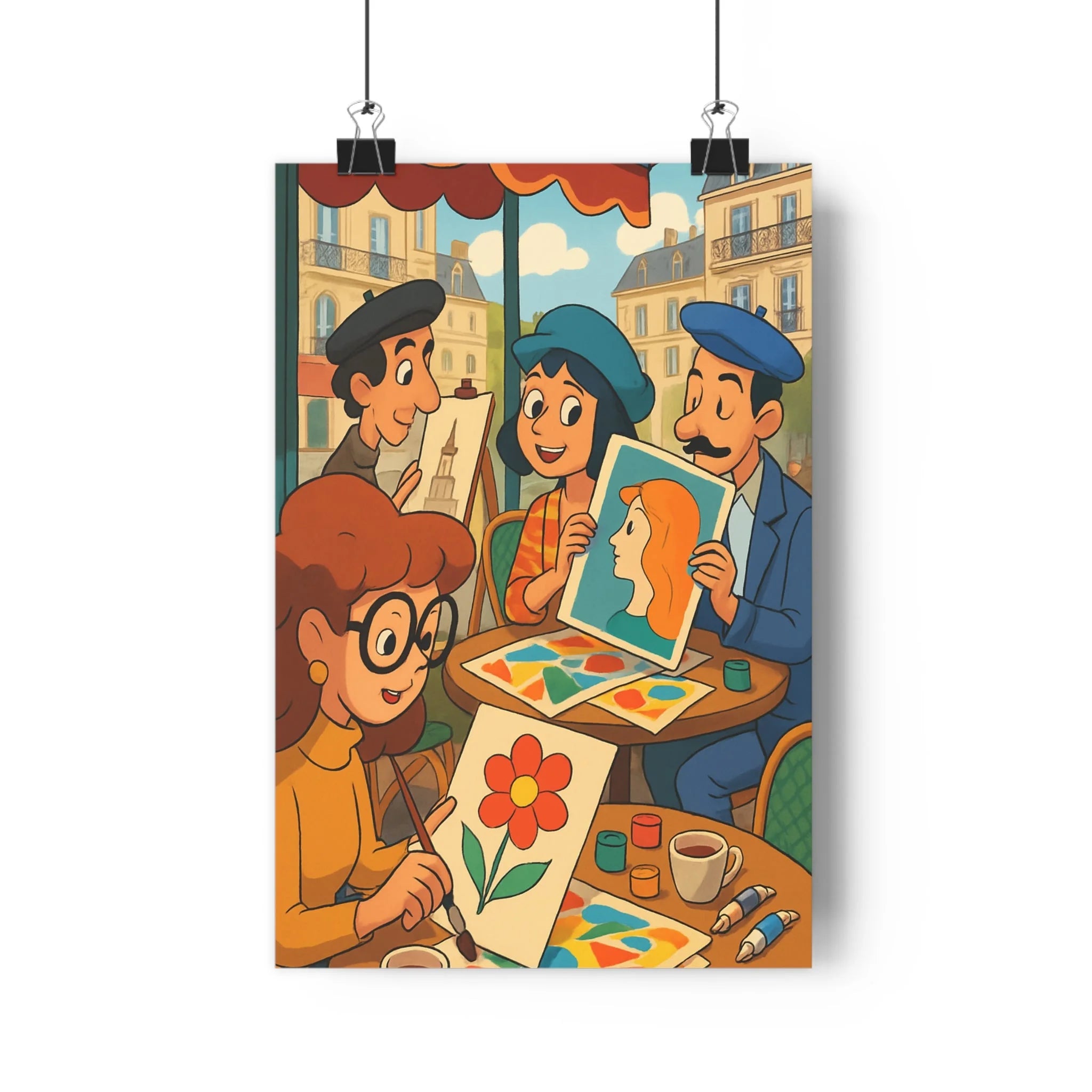 Poster décoratif cartoon bohème rouge bleu jaune café parisien créatif salon bureau artistique ambiance