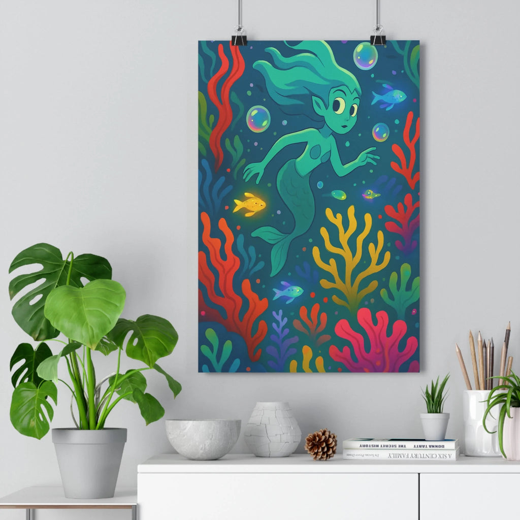 Poster décoratif cartoon sirène bleu rouge jaune enfant chambre créatif magique vibrant 30x46 cm