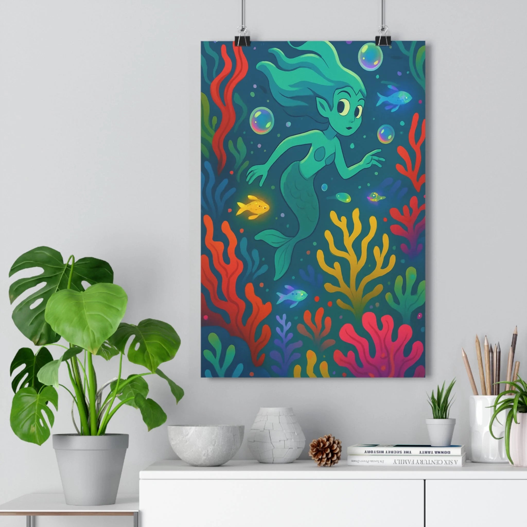 Poster décoratif cartoon sirène bleu rouge jaune enfant chambre créatif magique vibrant 30x46 cm