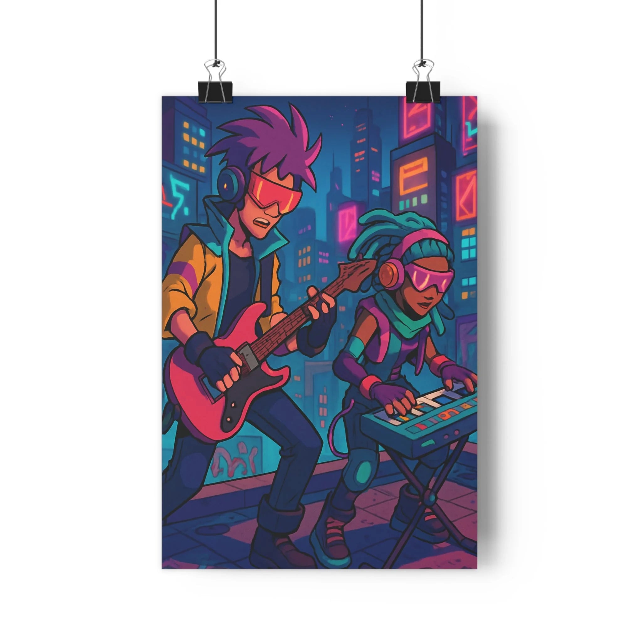 Poster décoratif urbain moderne musique futuriste néon vibrant salon chambre coloré tendance dynamique rétro