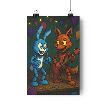 Poster joyeux lapin renard guirlandes ballons concert festif ambiance lumineuse contours nets expressions vives couleur bleue rouge verte dorée décors