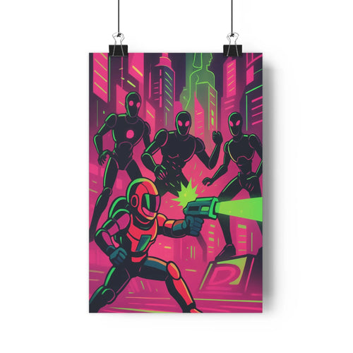 Poster cyberpunk personnage masqué pistolet laser ville future gratte-ciels lumineux rose violet intense graphique moderne vibrant chambre bureau