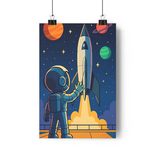 Poster cartoon astronaute fusée nuit planètes étoiles aventure fumée bleu orange noir ludique fantastique chambre salon