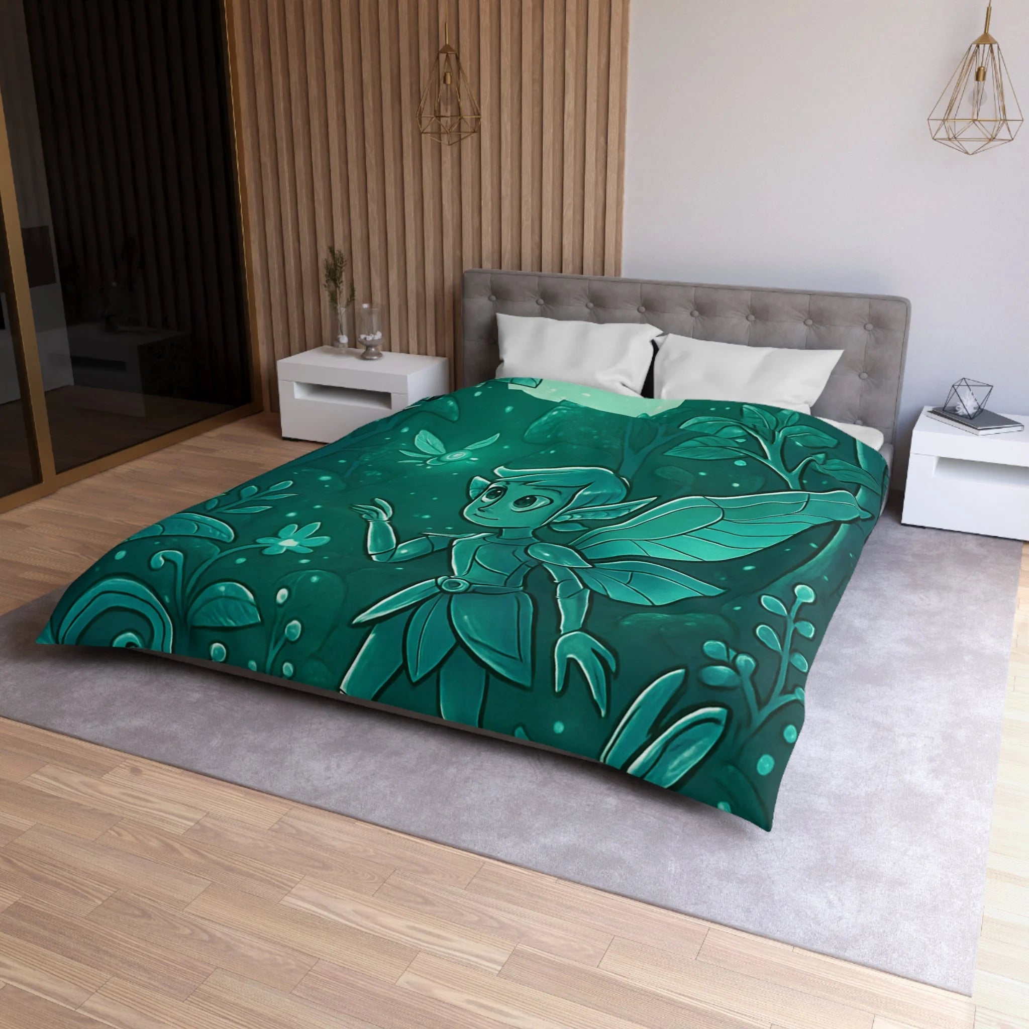 Housse de couette verte magique avec fée, papillon et forêt enchantée, ambiance nocturne