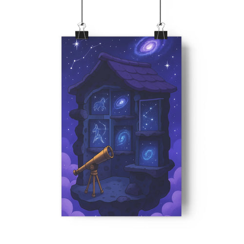 Poster maison flottante nuit étoiles constellations galaxies télescope nuages bleu violet ambiance mystique exploration imaginaire chambre bureau