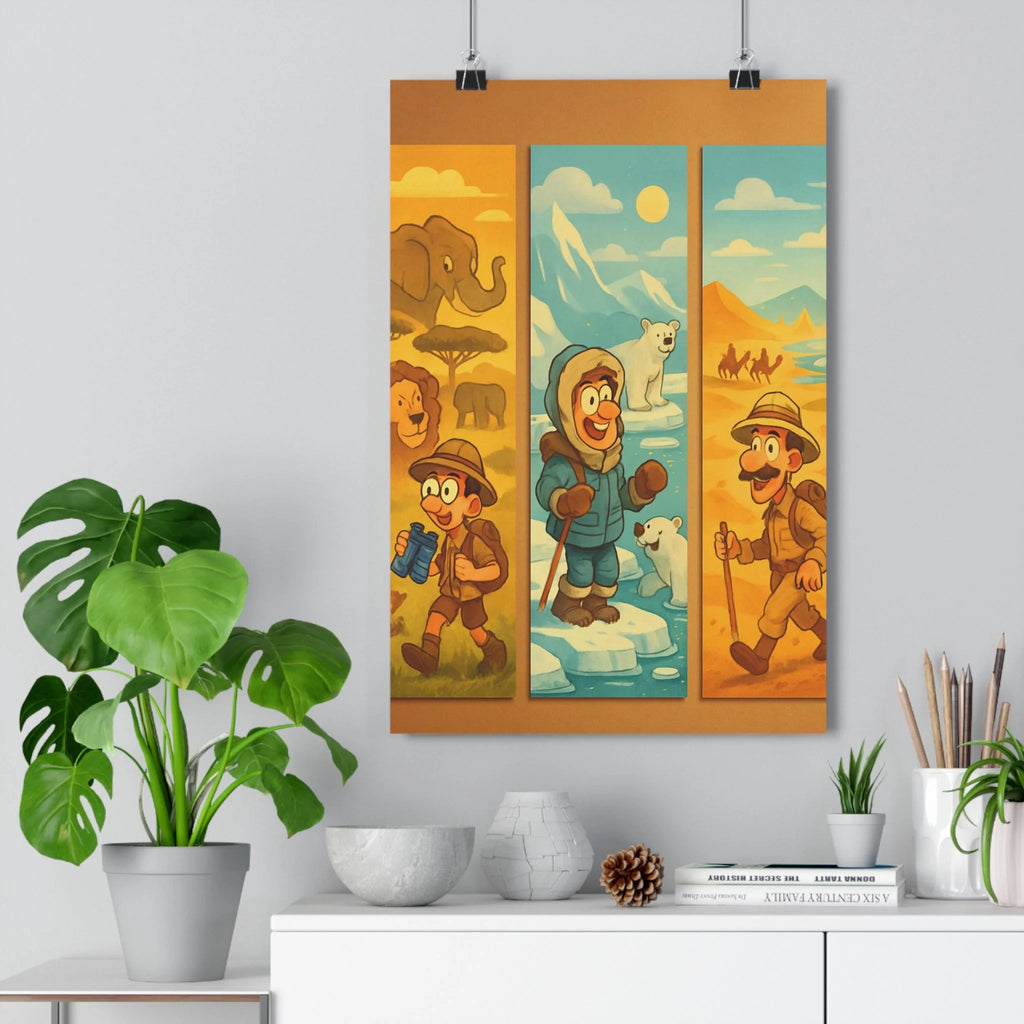 Poster décoratif aventure cartoon coloré explorateur savane désert glace éléphants lions ours chambre qualité