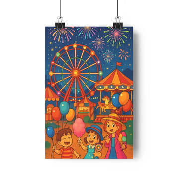 Poster enfants joyeux parc attractions nuit feux artifice roue carrousel balles flottantes ambiance festive cartoon