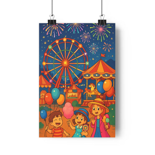 Poster enfants joyeux parc attractions nuit feux artifice roue carrousel balles flottantes ambiance festive cartoon