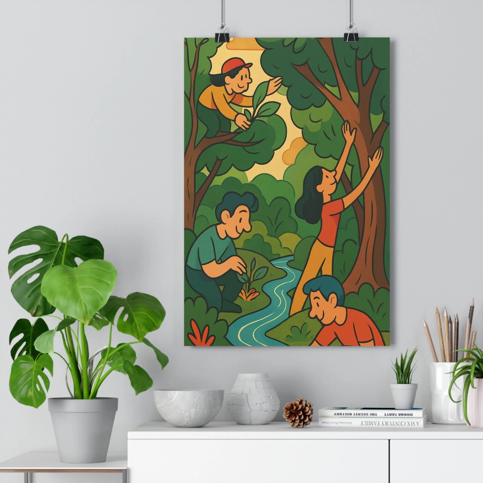 Poster décoratif vibrant vert bleu orange moderne joyeux salon chambre nature personnages scène organique