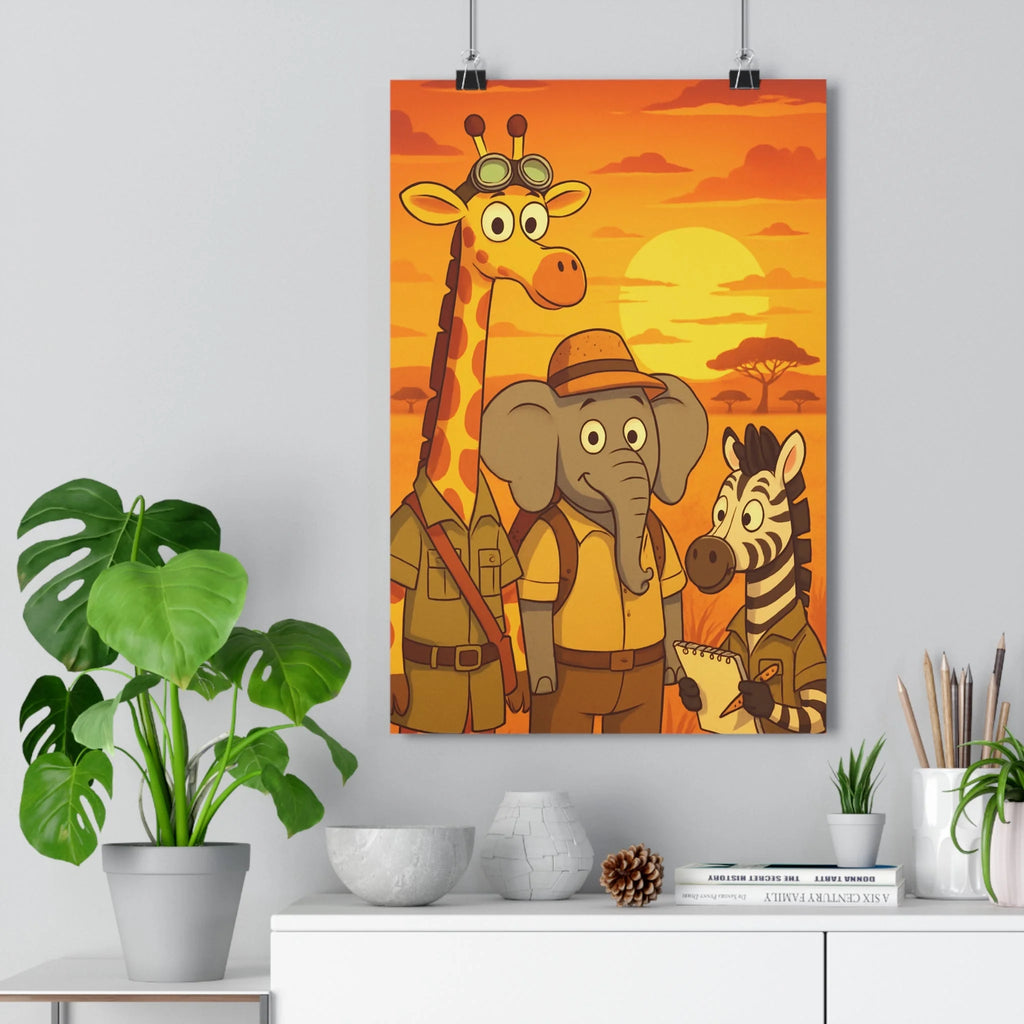 Poster décoratif cartoon enfant safari girafe éléphant zèbre joyeux chambre couleurs chaudes 30x46 cm