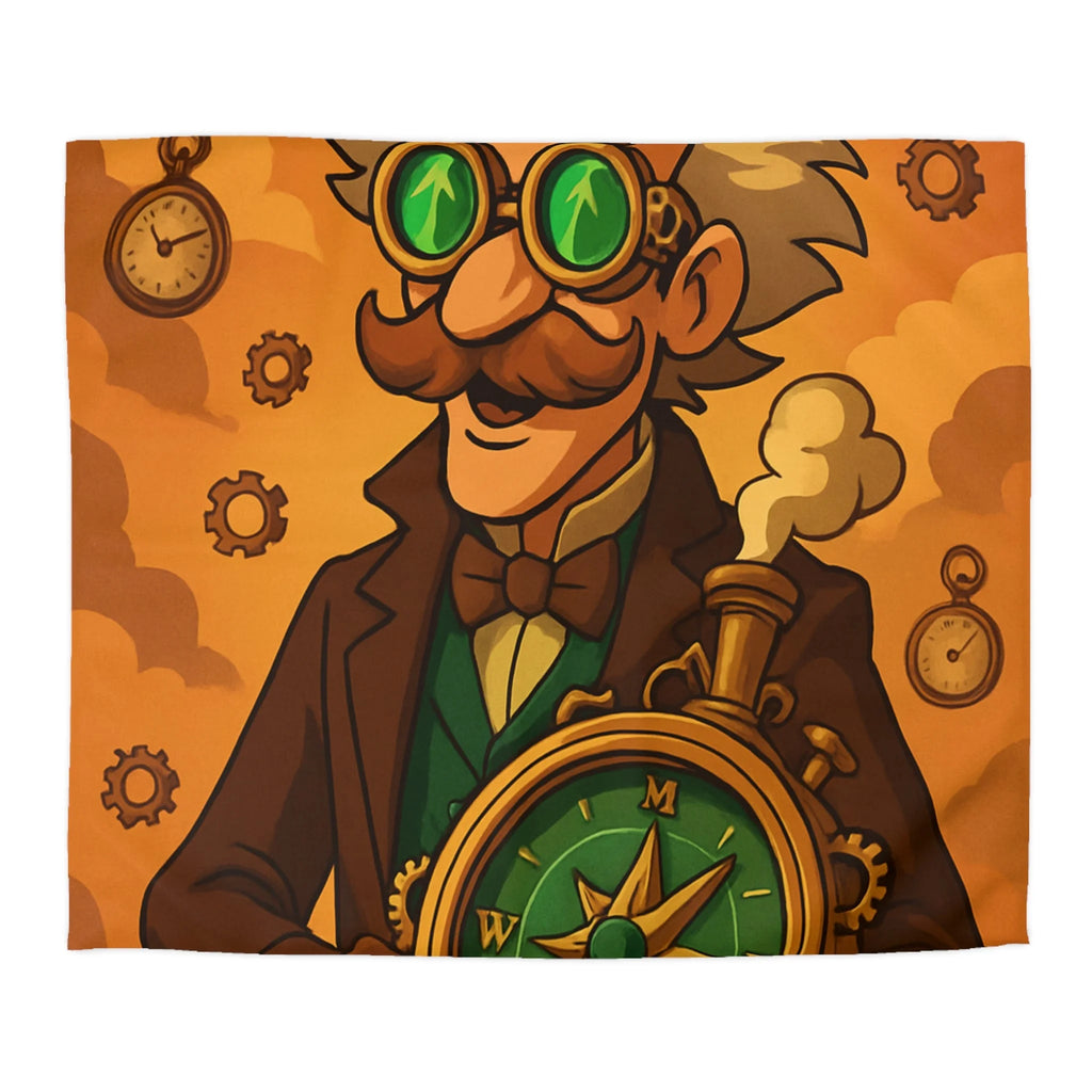 Housse de Couette Steampunk Vintage avec Boussole, Savant et Montgolfières sur Fond Sépia