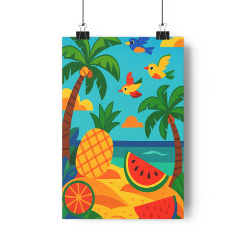 Poster tropical palmiers fruits oiseaux bleu vert rouge orange nuages vagues joyeux cartoon simple forme festive relaxante salon chambre