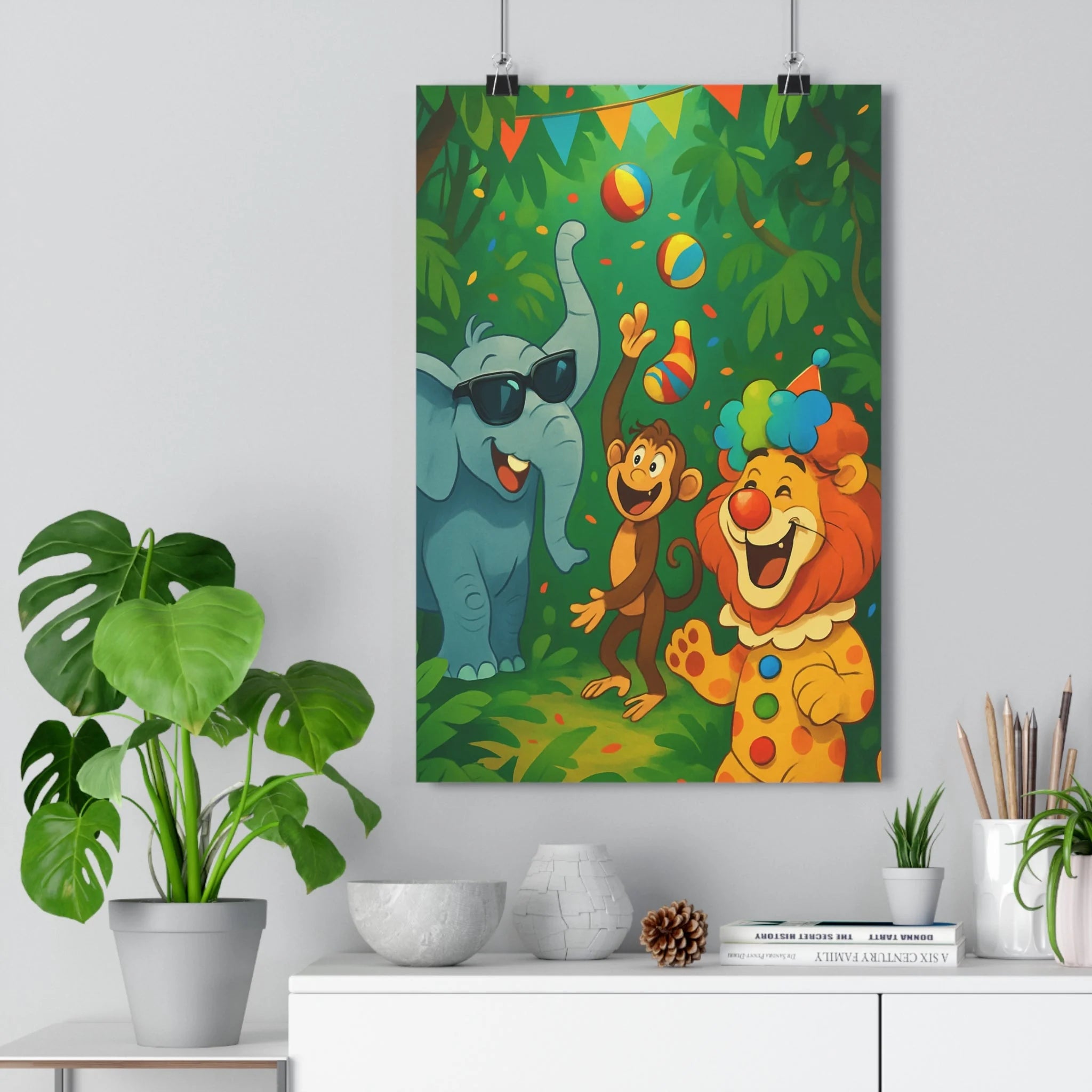 Poster décoratif cartoon éléphant lion singe jungle tropical amusant enfant chambre couleurs vives 3