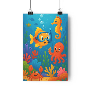 Poster sous marin poissons hippocampe octopus crabe masque plongée coraux bulles plantes aquatiques couleurs vives cartoon joyeux chambre salon vibrant
