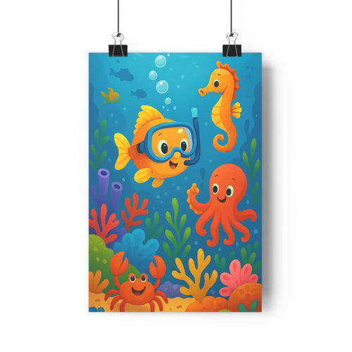 Poster sous marin poissons hippocampe octopus crabe masque plongée coraux bulles plantes aquatiques couleurs vives cartoon joyeux chambre salon vibrant