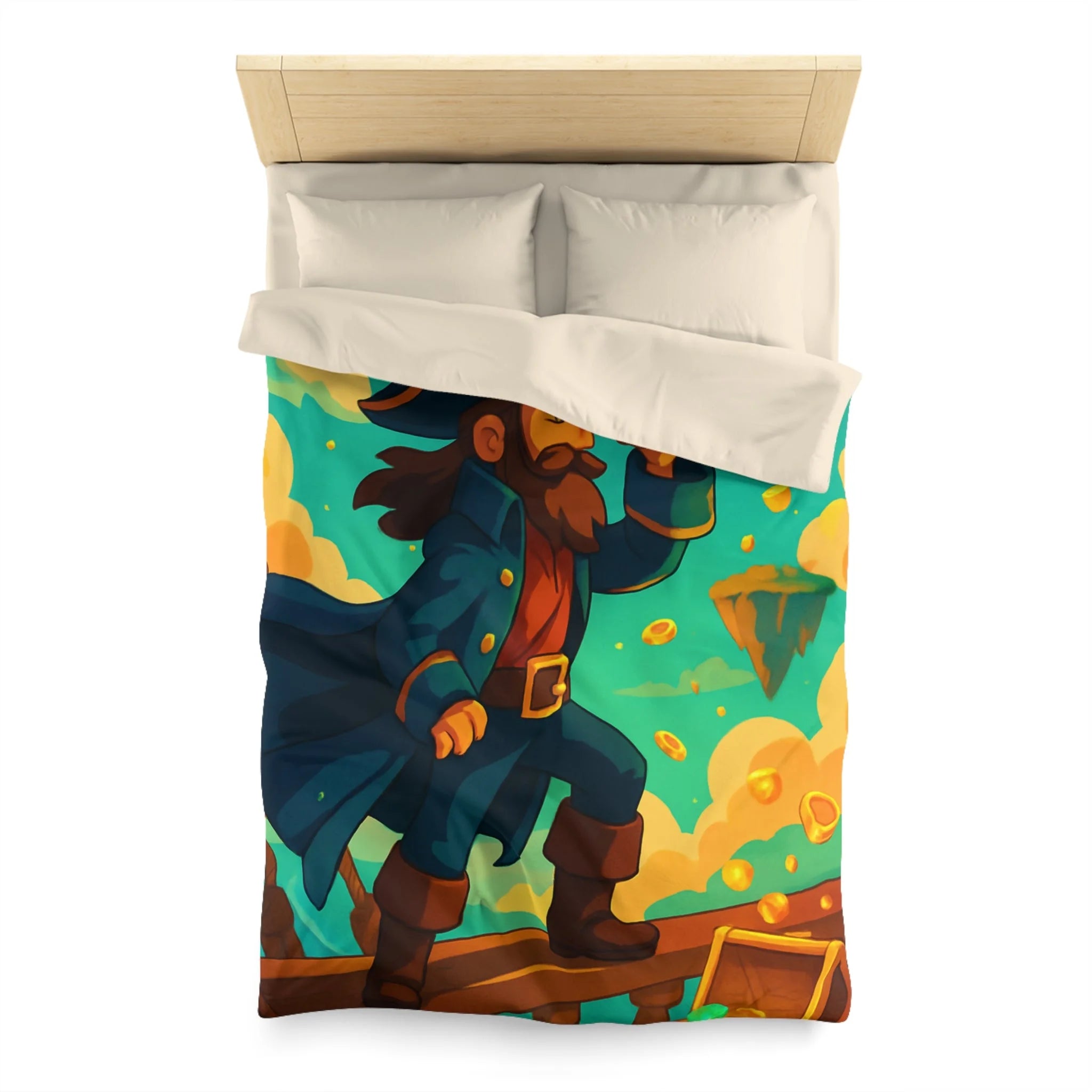 Housse de couette pirate vibrant bleu avec trésor doré et nuages flottants