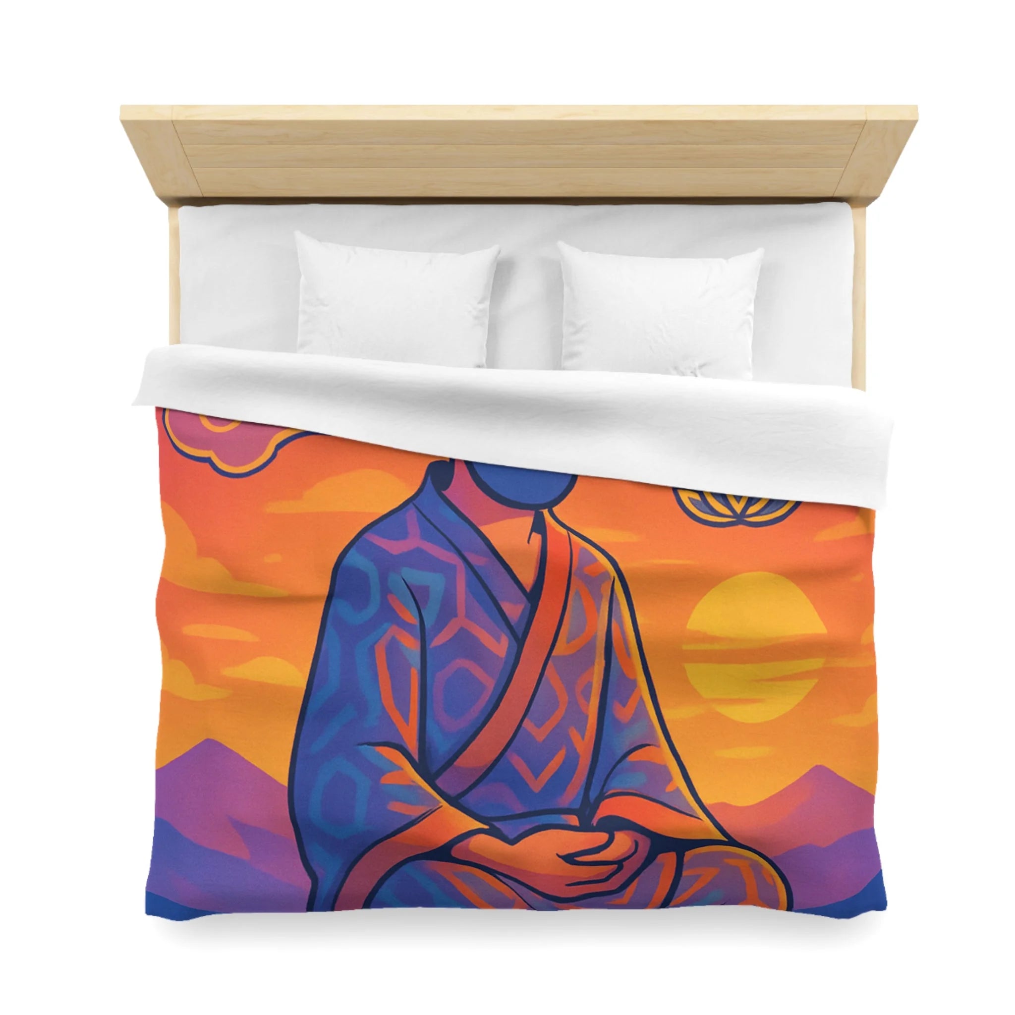 Housse de Couette Zen Moine Méditant au Coucher de Soleil Avec Fleurs de Lotus