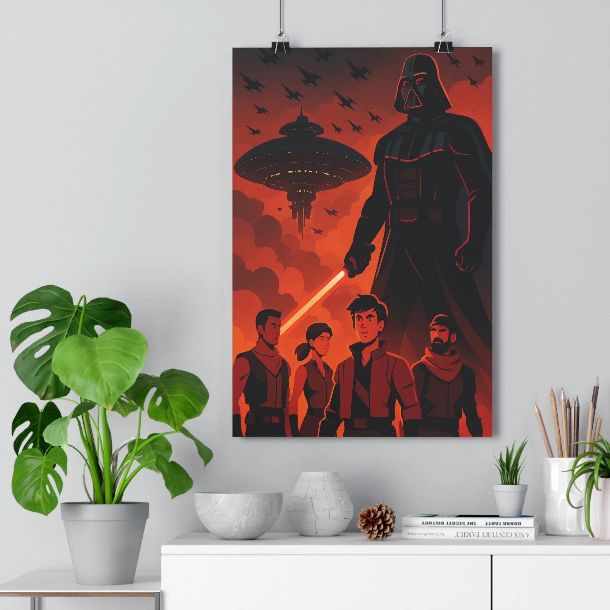 Poster décoratif rouge noir anime dramatique aventure salon chambre épique sabre lumineux personnage vaisseaux