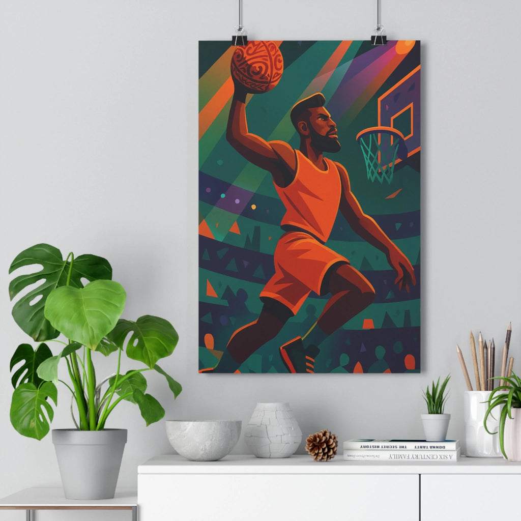 Poster décoratif dynamique orange vert abstrait sportif basket chambre ambiance énergétique vibrant unique qualité