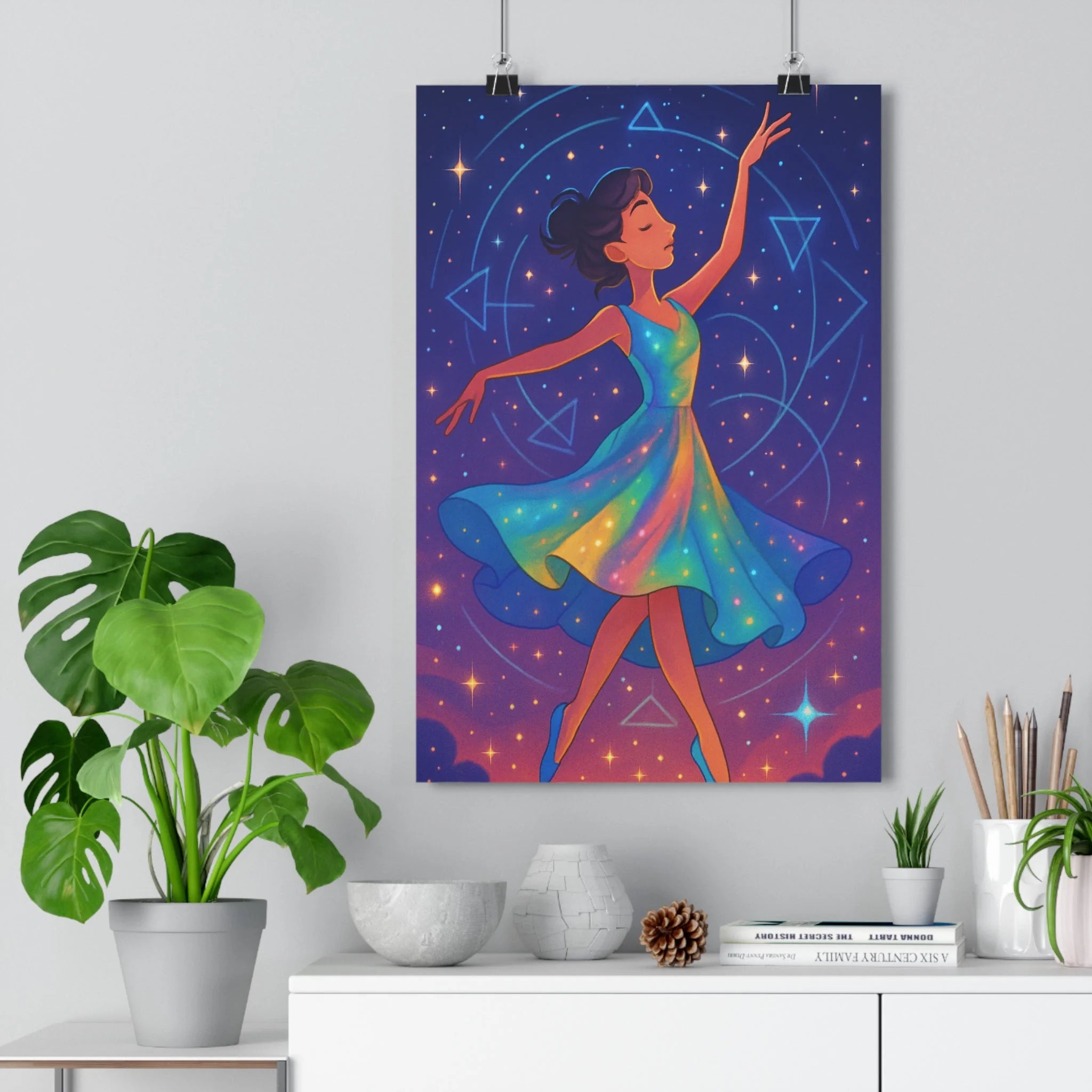 Poster décoratif danseuse abstrait moderne bleu rose jaune magique étoilé salon chambre tendance élégant