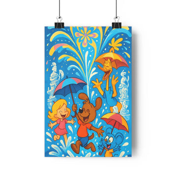 Poster décoratif cartoon bleu jaune rose joyeux enfant salle bain personnages dessin animé ludique