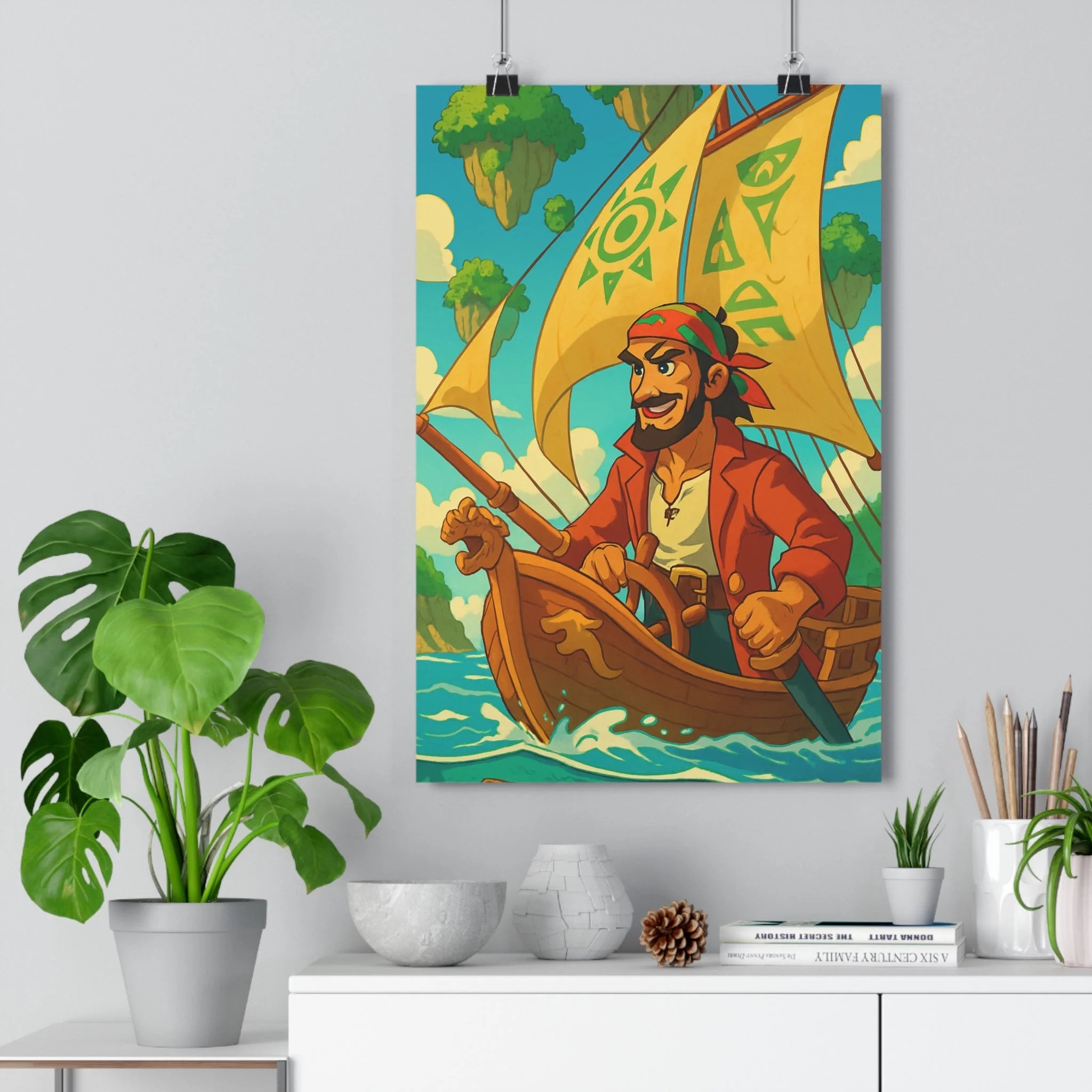 Poster décoratif pirate aventure mer turquoise dessin animé joyeux chambre enfant bateau bois îles