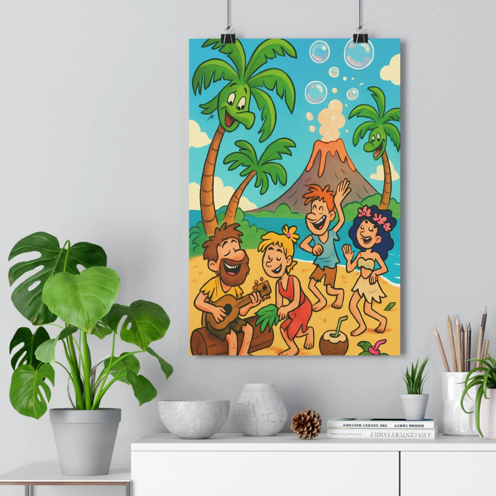 Poster décoratif cartoon joyeux tropical plage personnages dansant couleurs vives vert bleu chambre enfant
