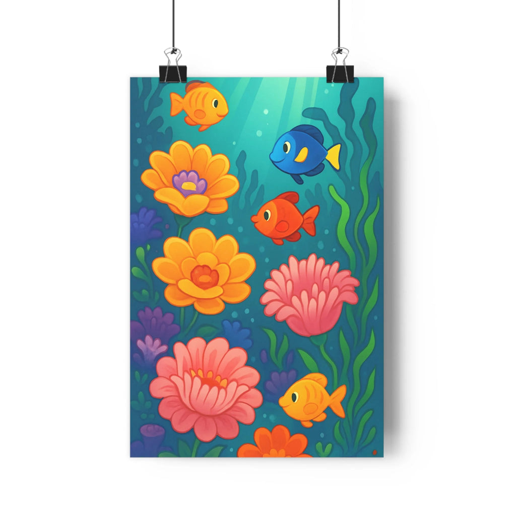 Poster marin joyeux fleurs poissons algues bulles sousmarine verte rose bleue vibrant enfant chambre salon