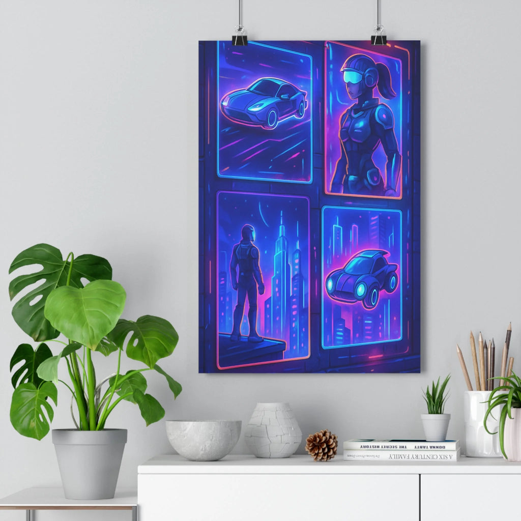 Poster décoratif futurisme imaginé cyberpunk bleu rose violet animé bureau moderne dynamique captivant 30x46