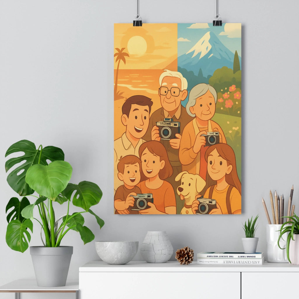 Poster décoratif cartoon nostalgique rétro multigénérationnel joyeux salon chambre famille enfants chien montagne coucher