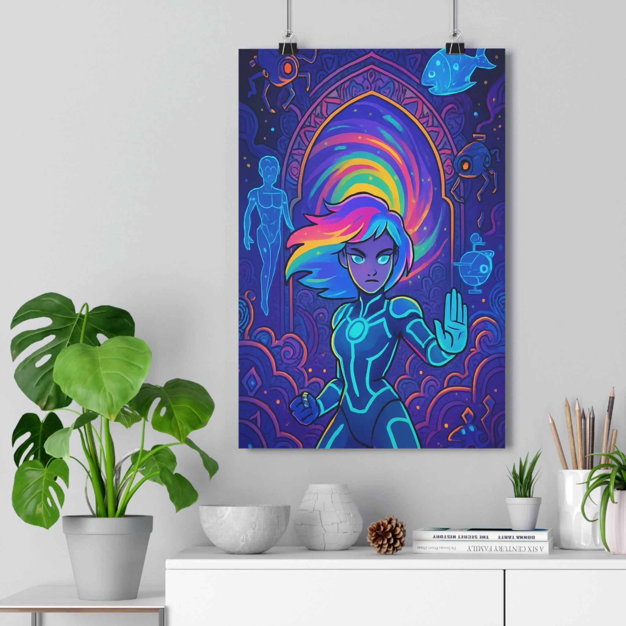 Poster décoratif futuriste bleu violet néon bureau sciencefiction dynamique moderne élégant féminin unique artistique