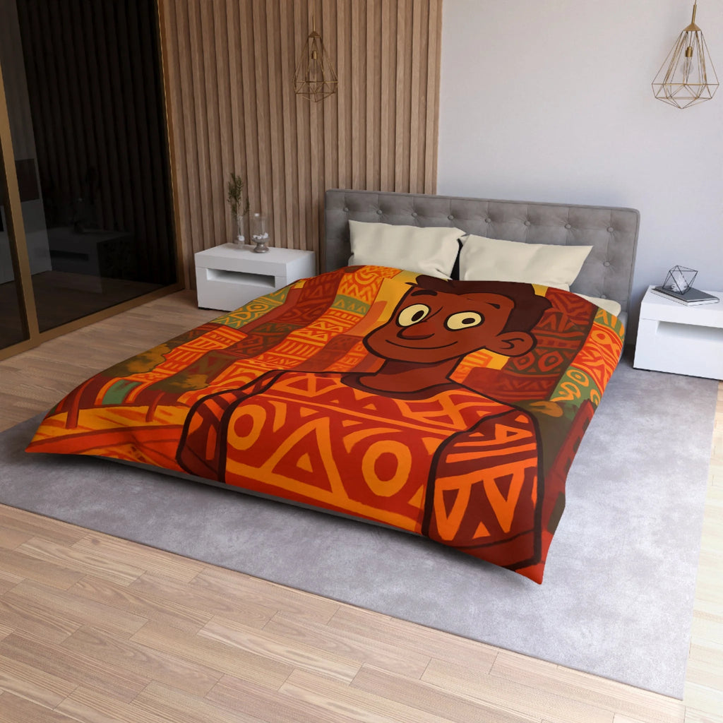 Housse de Couette Personnage Souriant avec Motifs Géométriques et Gratte-Ciel Colorés