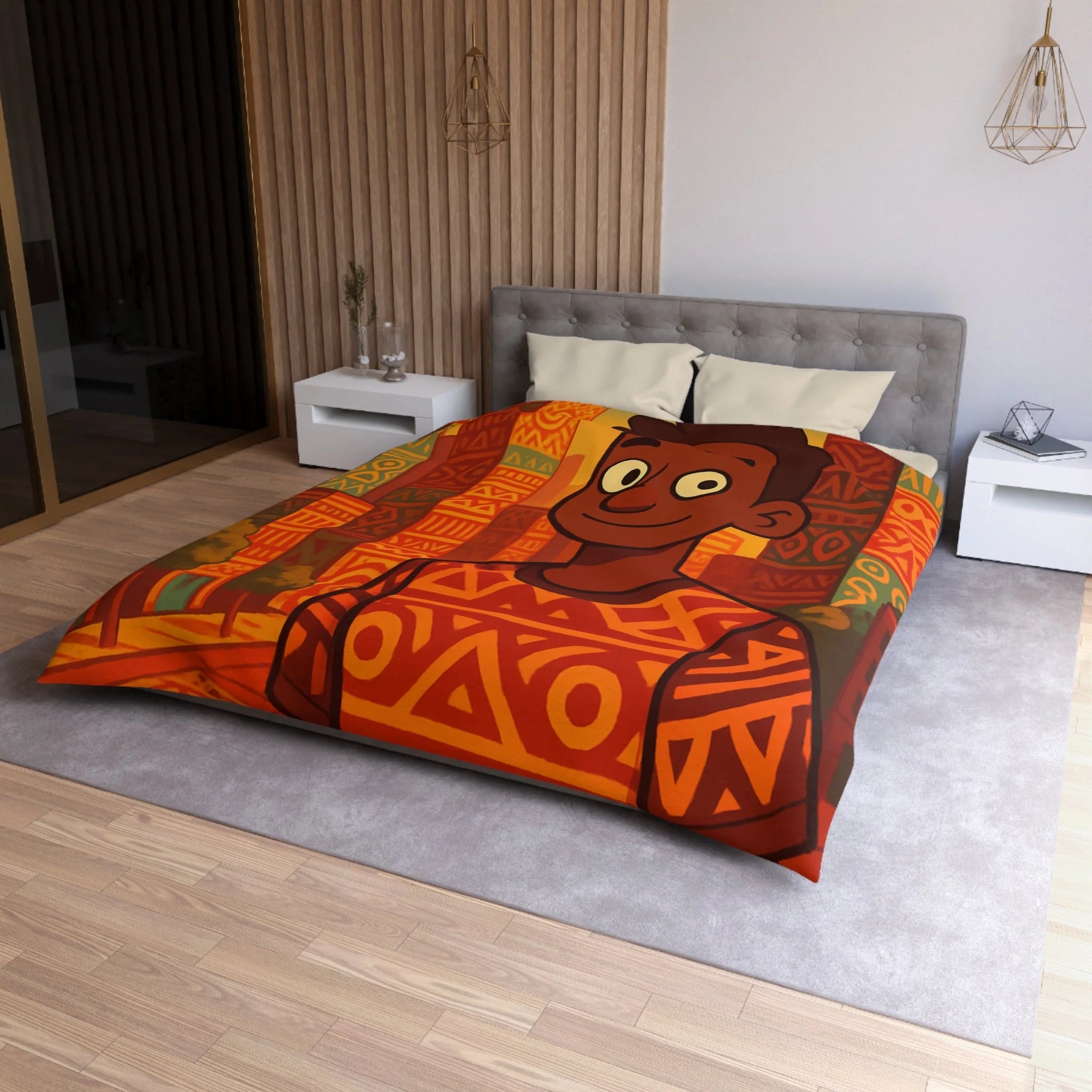 Housse de Couette Personnage Souriant avec Motifs Géométriques et Gratte-Ciel Colorés