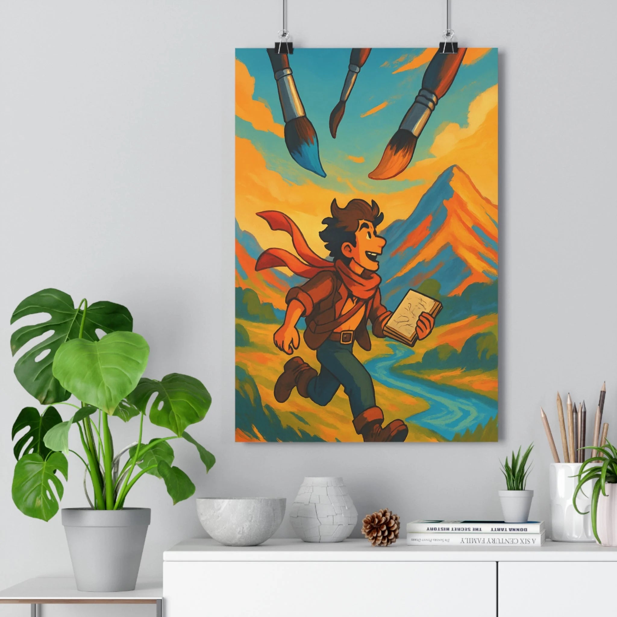 Poster décoratif fantaisie cartoon bleu orange joyeux dynamique paysage montagne chambre enfant créatif ambiance