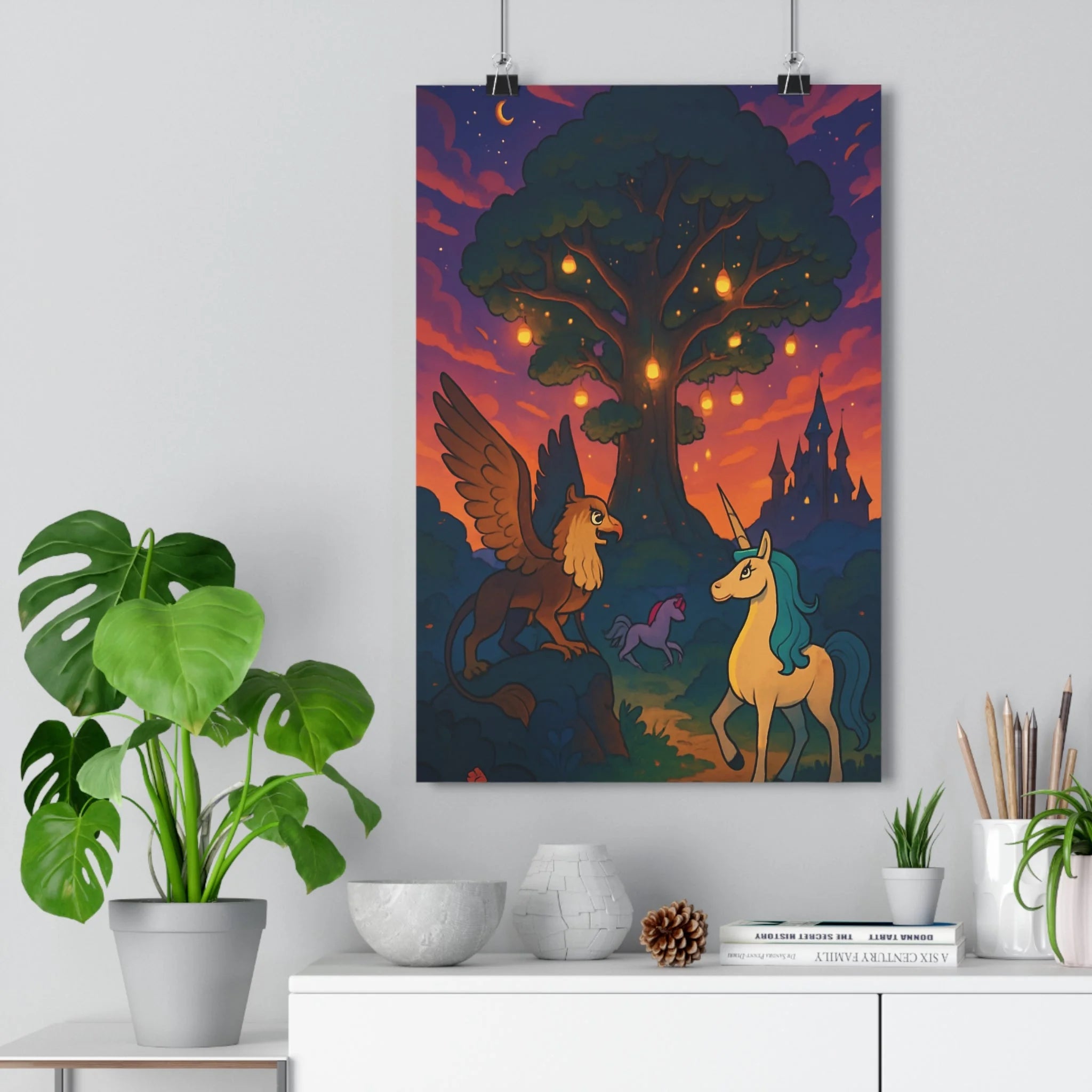 Poster décoratif féerique lumineux rose violet doré enfant chambre rêve mystique magique fantastique unique