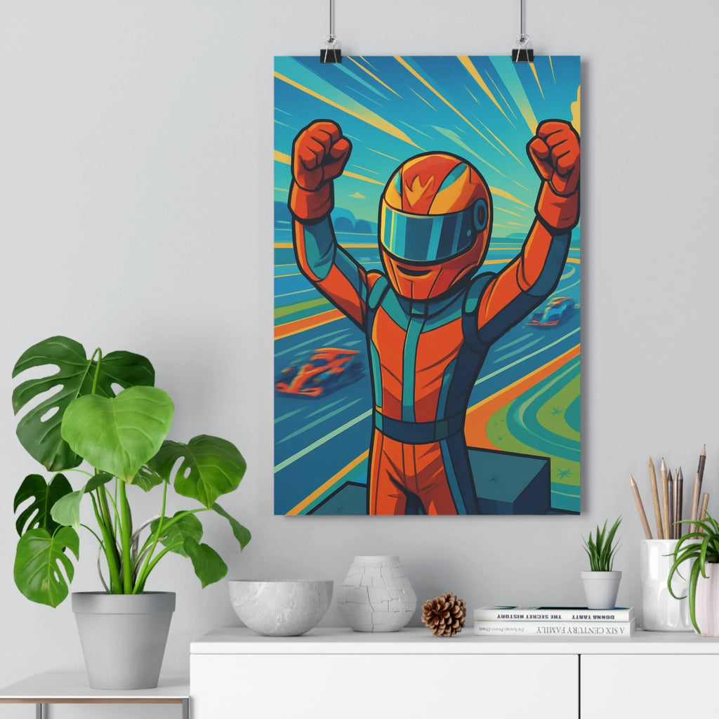 Poster décoratif cartoon bleu orange énergique chambre bureau 30x46 pilote course triomphe dynamique qualité