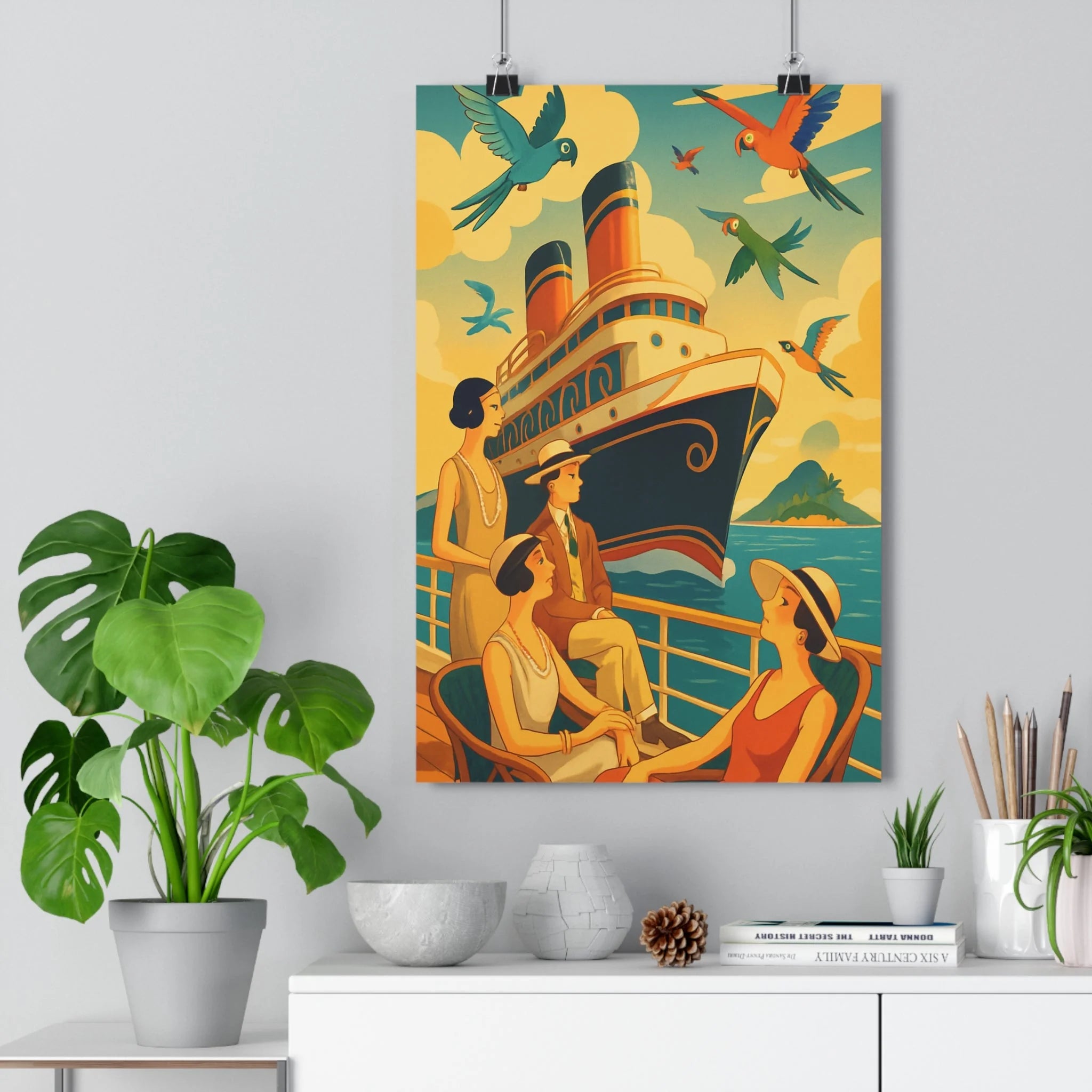 Poster décoratif art déco bleu vert orange cartoon exotique tropical salon chambre élégant voyage