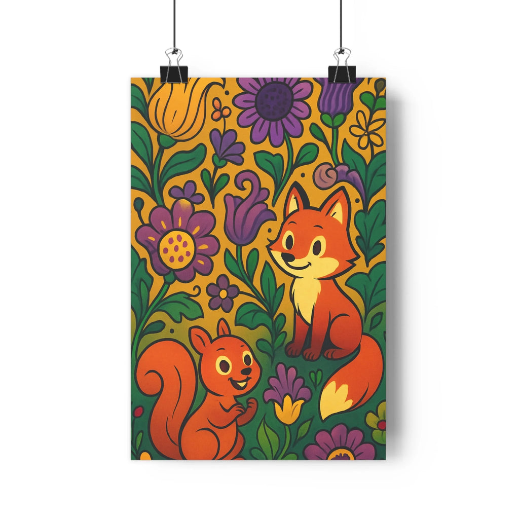 Poster joyeux renard écureuil paysage fleuri tons jaunes verts fleurs colorées style cartoon contours nets ambiance amicale intérieur accueillant