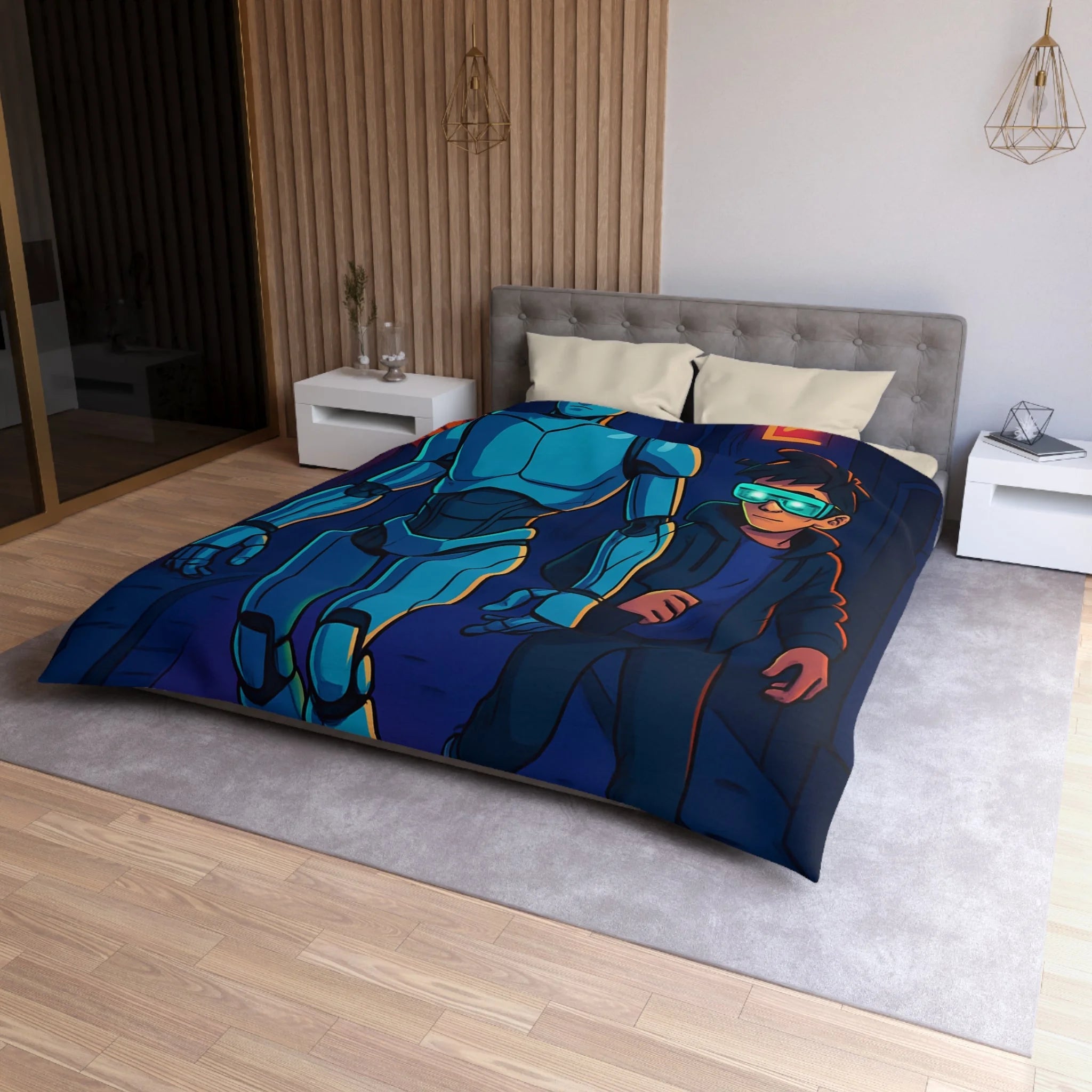 Housse de couette moderne avec illustration néon de robot et jeune avec lunettes lumineuses