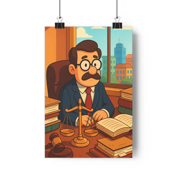 Poster homme bureau livres justice balance concentration professionnel plantes vertes intérieur élégant costume bleu cravate rouge cartoon simplicité clarté