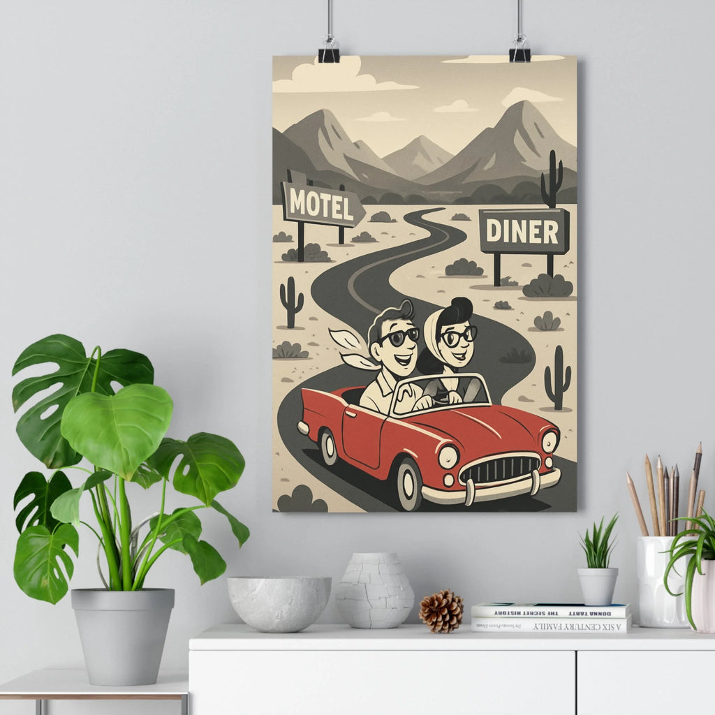Poster décoratif vintage rétro rouge noir blanc aventure salon chambre voiture paysage désertique cactus