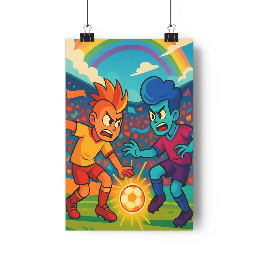 Poster décoratif cartoon vibrant football jaune rouge bleu violet joyeux salon chambre dynamique sportif