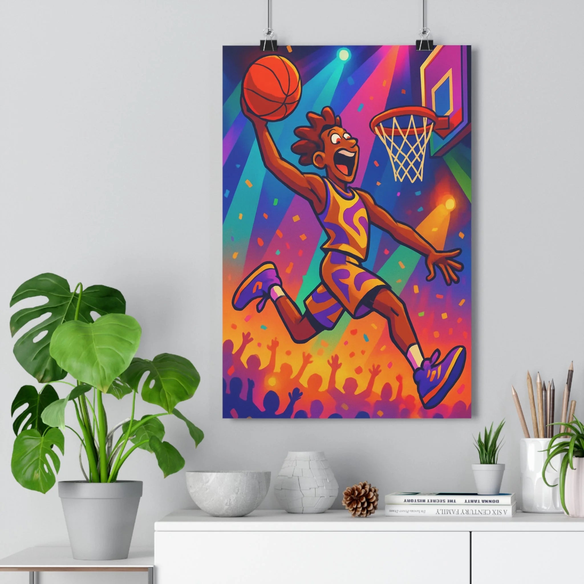 Poster décoratif dynamique basket cartoon violet orange bleu sportif chambre salon vibrant énergie ambiance