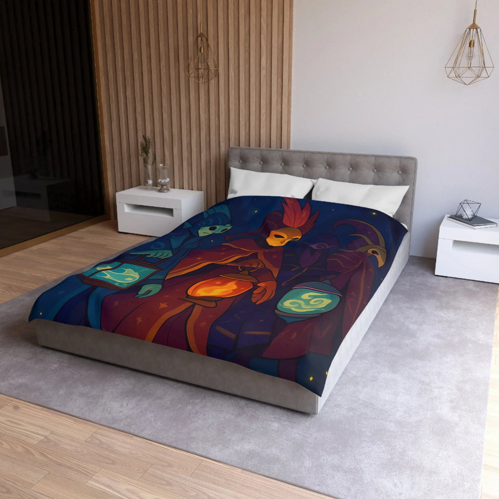 Housse de couette mystérieuse avec personnages masqués et lanternes en forêt étoilée