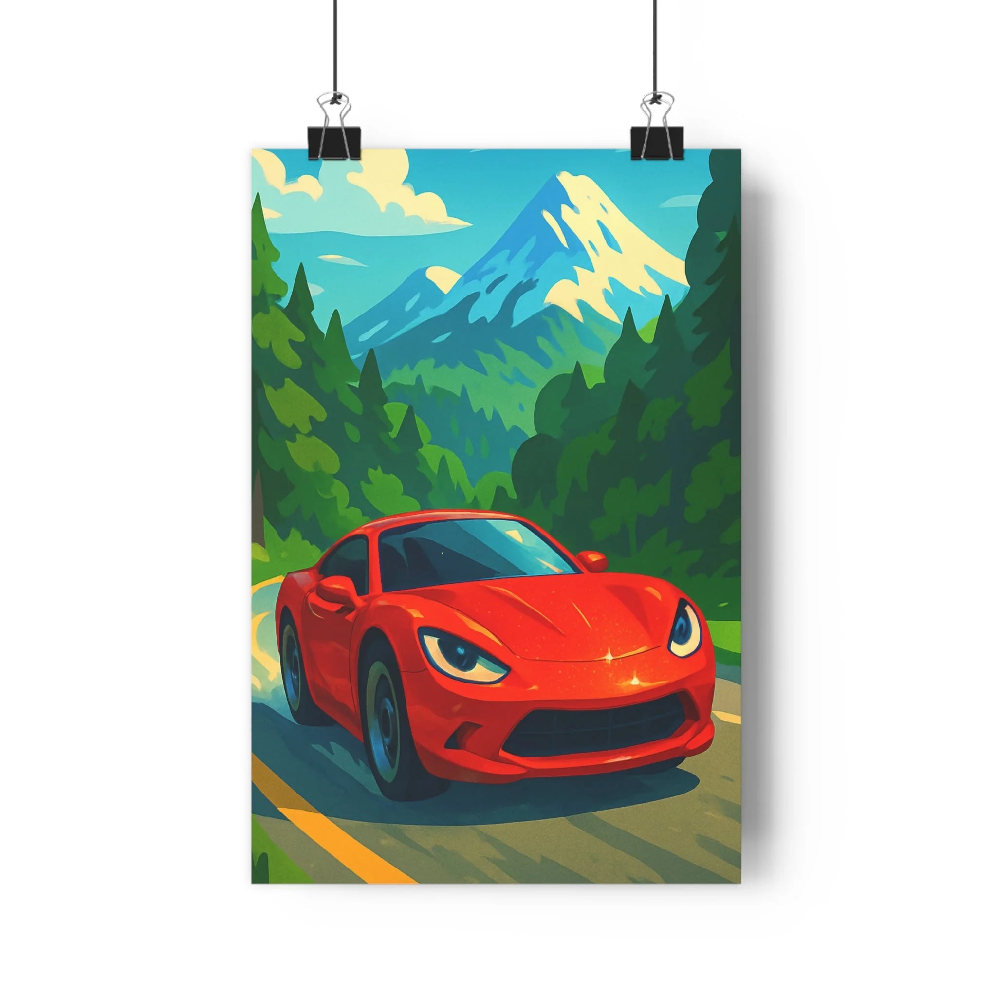 Poster décoratif dynamique voiture sport rouge cartoon montagne ciel bureau chambre garage 30x46 qualité