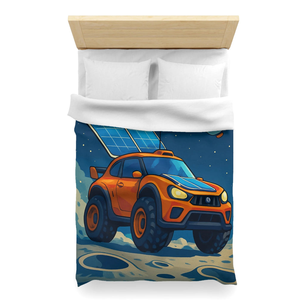 Housse de couette spatiale avec voiture orange et robots sur fond lunaire captivant
