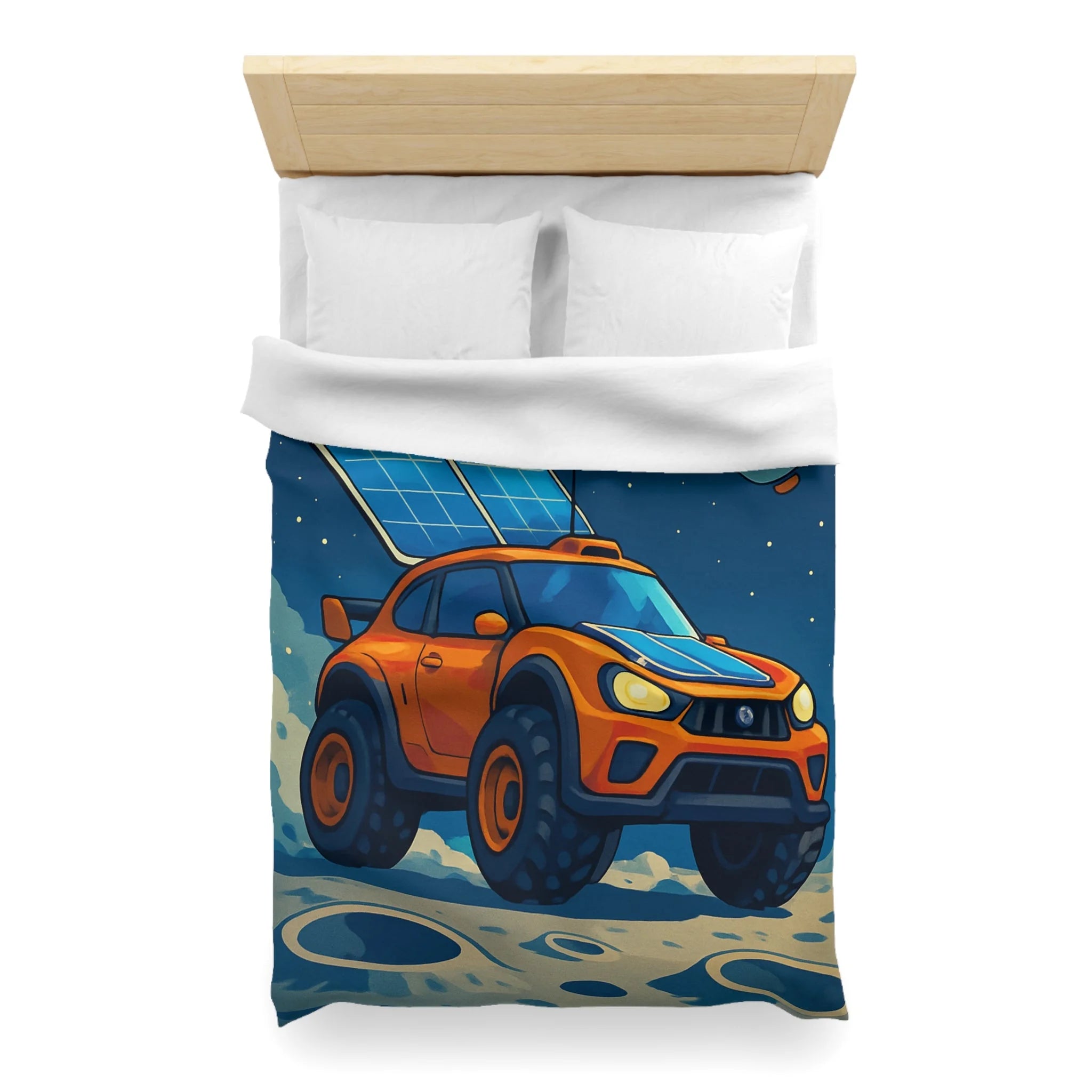 Housse de couette spatiale avec voiture orange et robots sur fond lunaire captivant