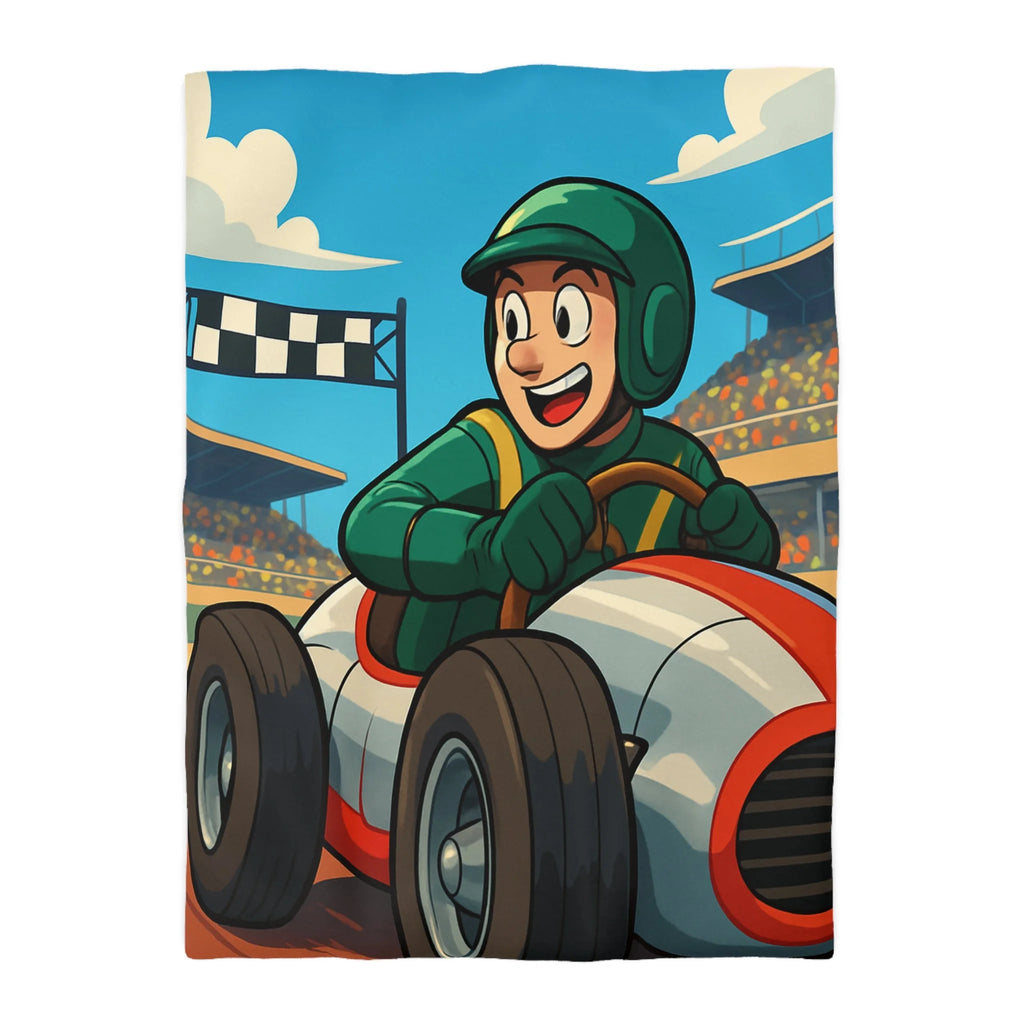 Housse de couette voiture de course pour enfants avec pilote souriant et piste